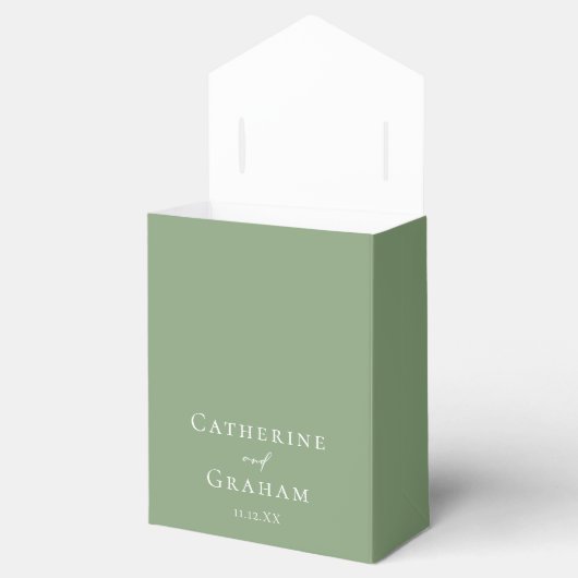 Chic Sage Groen Wit Script Spring Wedding Bedankdoosjes (Geopend)