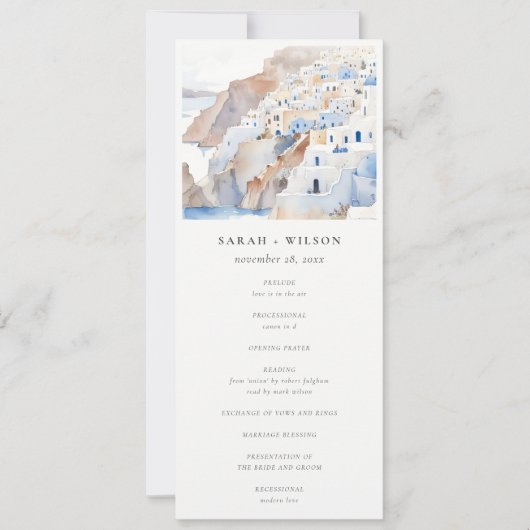 Chic Santorini Griekenland Waterverf bruiloft prog Kaart (Voorkant)