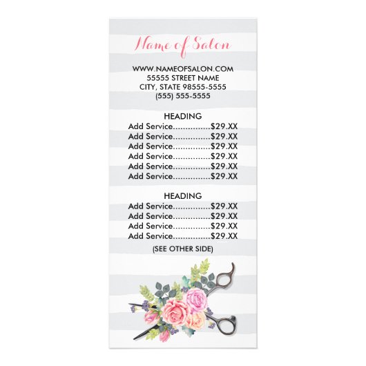 Chic Scissors Haarstylist Stripes Rozen prijslijst Reclamekaart (Voorkant)
