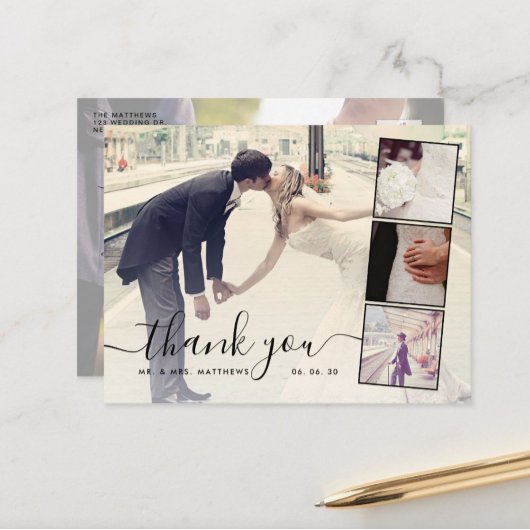 Chic Script 4 Photo Collage Wedding Hartelijk dank Briefkaart