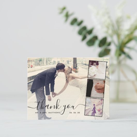 Chic Script 4 Photo Collage Wedding Hartelijk dank Briefkaart (Staand voorkant)