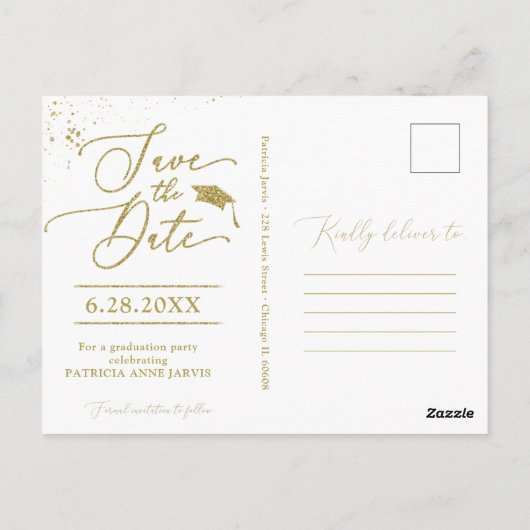 Chic Script Afstudeerder Party Sla de datum Gouden Briefkaart (Achterkant)