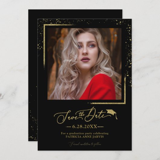Chic Script Afstudeerder Party Sla de datum Gouden Kaart (Voorkant / Achterkant)