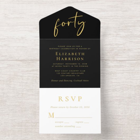 Chic Script Black 40ste verjaardagsfeestje All In One Uitnodiging (Binnenkant)