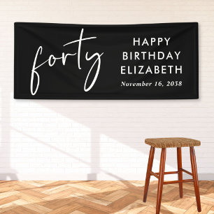 Chic Script Black 40ste verjaardagsfeestje Spandoek