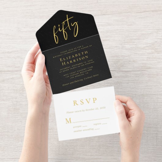 Chic Script Black 50ste verjaardagsfeestje All In One Uitnodiging (Uittrekbaar)