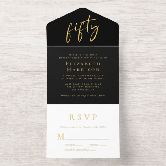 Chic Script Black 50ste verjaardagsfeestje All In One Uitnodiging (Binnenkant)
