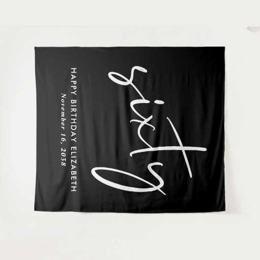 Chic Script Black 60th Birthday Party Wandkleed (Voorkant (horizontaal))