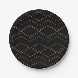 Chic Script Black & Copper Geometric Pattern Papieren Bordje