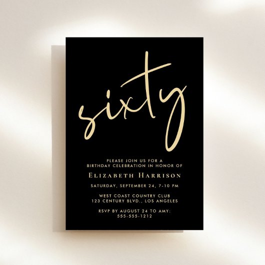 Chic Script Black Gold 60th Birthday Party Kaart