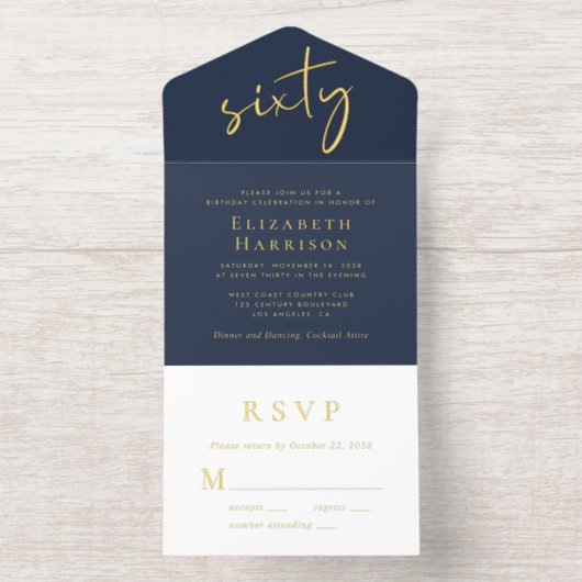 Chic Script Blauw 60ste verjaardagsfeest All In One Uitnodiging (Binnenkant)