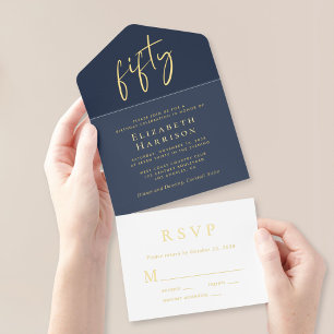 Chic Script Blauwe 50ste Verjaardagsfeestje All In One Uitnodiging