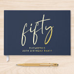 Chic Script Blue 50th Birthday Party<br><div class="desc">Fête de 50e anniversaire avec cet élégant livre d'or bleu marine foncé avec votre choix d'or authentique,  argent ou feuille d'or rose,  "cinquante" dans un script chic et son nom dans la typographie simple. Personnalisez le titre sur la colonne vertébrale.</div>