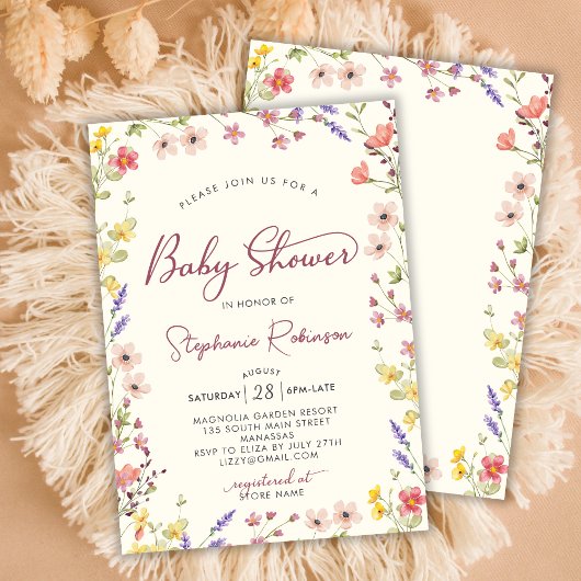 Chic Script Boho Wildflower Girl Baby shower Kaart