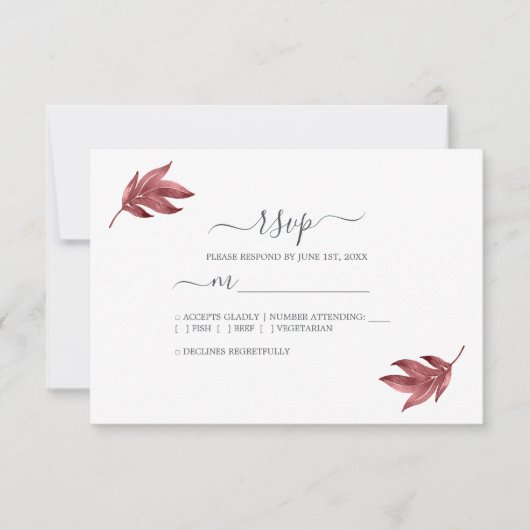Chic Script Burgundy Leaf Minimal Wedding RSVP Kaartje (Voorkant)