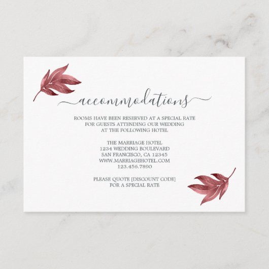 Chic Script Burgundy Leaf Wedding Information Informatiekaartje (Voorkant)