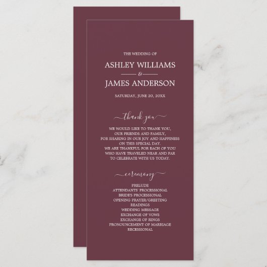 Chic Script Burgundy Simple Minimal Wedding Programma (Voorkant / Achterkant)