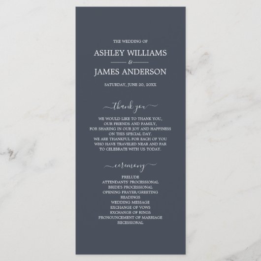 Chic Script Dark Blue Simple Minimal Wedding Programma (Voorkant)
