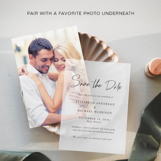 Chic Script De Vellum-overlay-datum opslaan Vellum Uitnodigingen