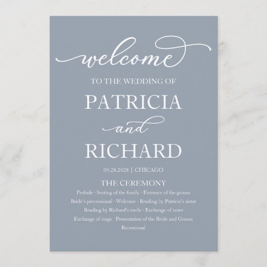 Chic Script Dusty Blue Mariage programme de cérémo (Devant)