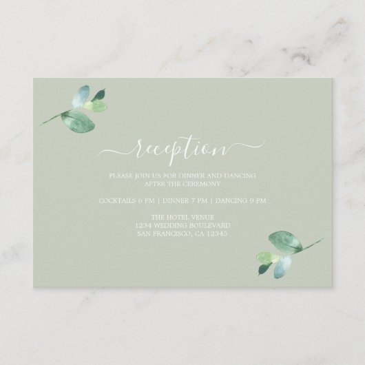 Chic script eucalyptus blad bruiloftsreceptie informatiekaartje (Voorkant)