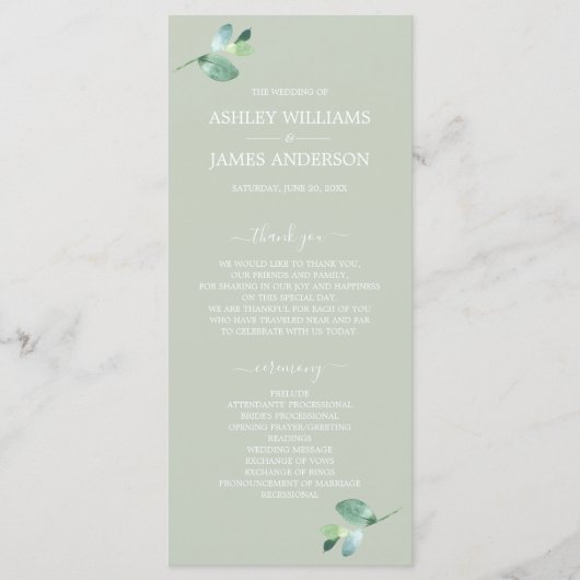 Chic Script Eucalyptus Foliage Green Wedding Programma (Voorkant)