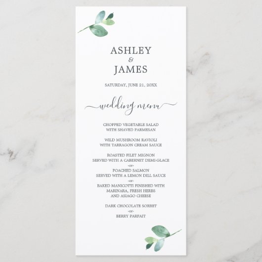 Chic Script Eucalyptus Loof Minimal Huwelijk Menu (Voorkant)