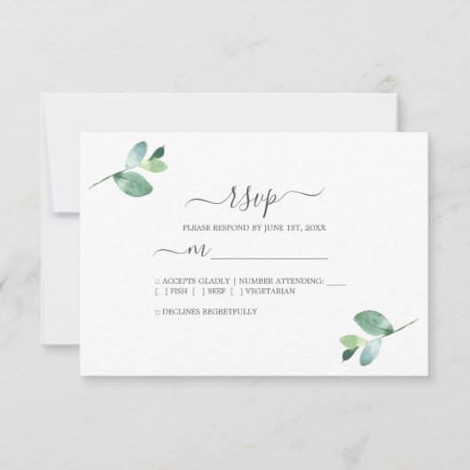 Chic script eucalyptusblad minimale trouwdag RSVP kaartje (Voorkant)