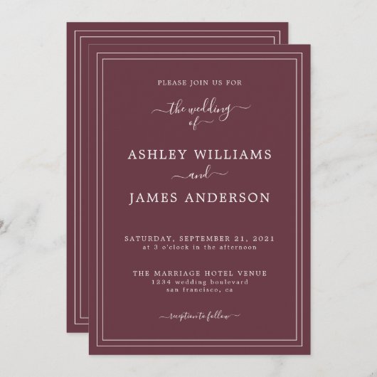 Chic Script Faire-part de mariage Bourgogne (Devant / Derrière)