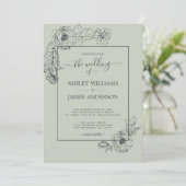 Chic Script Floral contour pastel Green Wedding Kaart (Staand voorkant)