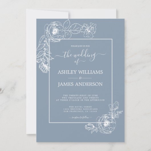 Chic Script Floral Outline Dusty Blue Wedding Kaart (Voorkant)