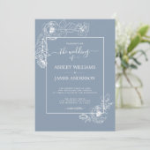 Chic Script Floral Outline Dusty Blue Wedding Kaart (Staand voorkant)
