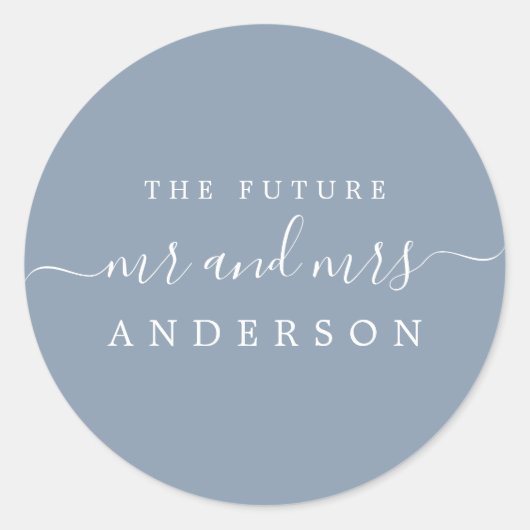 Chic Script Future, Mrs Dusty Blue Wedding Ronde Sticker (Voorkant)