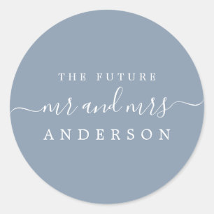 Chic Script Future, Mrs Dusty Blue Wedding Ronde Sticker