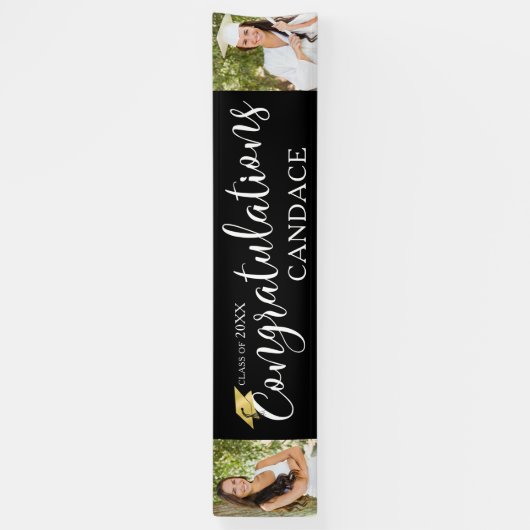 Chic Script GEFELICITEERD Foto Afstuderen Zwart Spandoek (Verticaal)