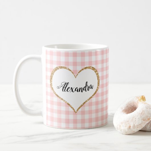 Chic Script Girly Pink White Gingham Custom Name Koffiemok (Met donut)