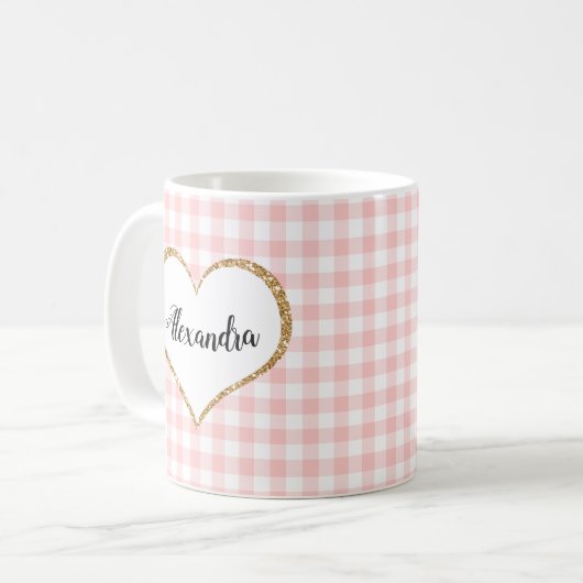 Chic Script Girly Pink White Gingham Custom Name Koffiemok (Voorkant links)