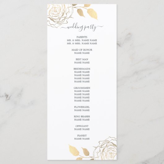 Chic Script Gold Floral Roos Simple Wedding Programma (Achterkant)