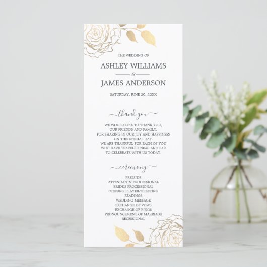 Chic Script Gold Floral Roos Simple Wedding Programma (Staand voorkant)