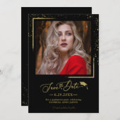 Chic Script Grad Feest Save The Date Gouden Glitte Kaart (Voorkant / Achterkant)