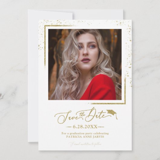 Chic Script Grad Feest Save The Date Gouden Glitte Kaart (Voorkant)