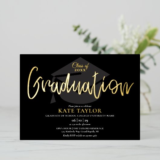 Chic Script Graduation Party Gold Foil Invitation (Debout devant)
