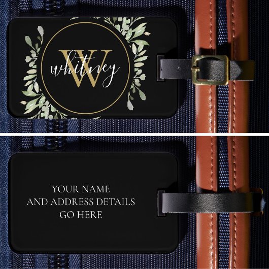 Chic Script Groenery Gold Monogram Zwart Bagagelabel