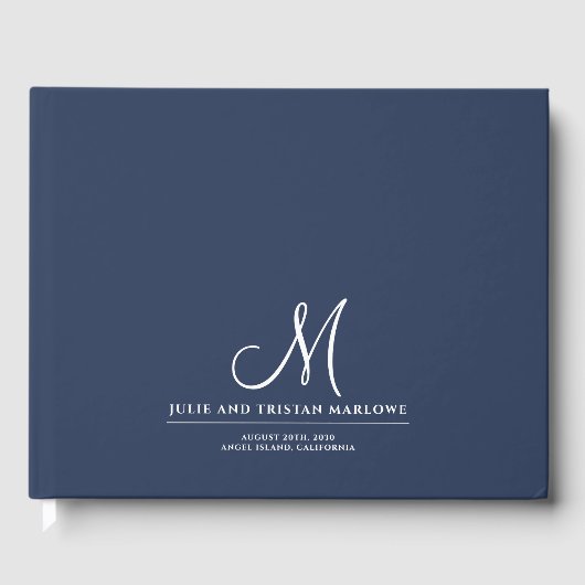 Chic Script Initiaal bruiloft Monogram Navy Blue Gastenboek (Voorkant)