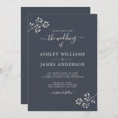 Chic Script Ivoorkleurig Loof Donkerblauw Huwelijk Kaart (Voorkant / Achterkant)