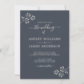 Chic Script Ivory Foliage Donkerblauw Huwelijk Kaart (Voorkant)