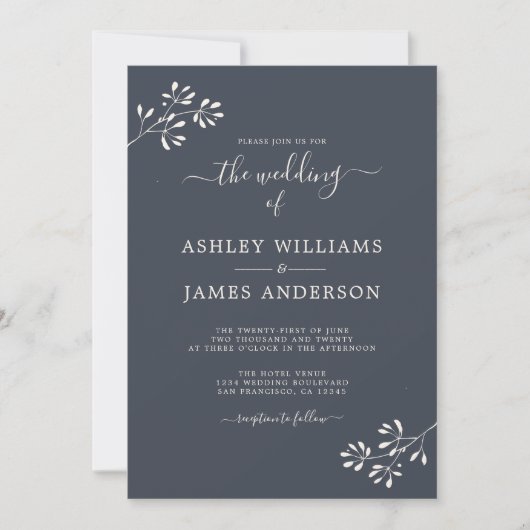 Chic Script Ivory Foliage Donkerblauw Huwelijk Kaart (Voorkant)