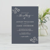 Chic Script Ivory Foliage Donkerblauw Huwelijk Kaart (Staand voorkant)