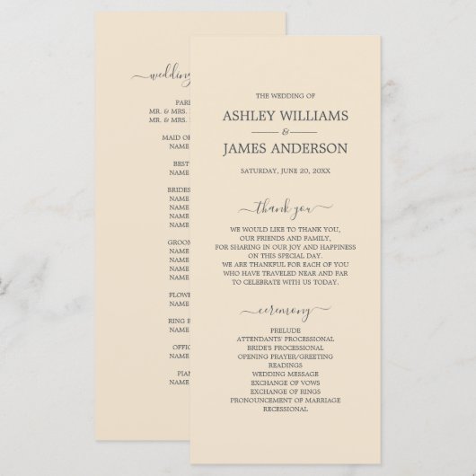 Chic Script Ivory Simple Minimal Wedding Programma (Voorkant / Achterkant)