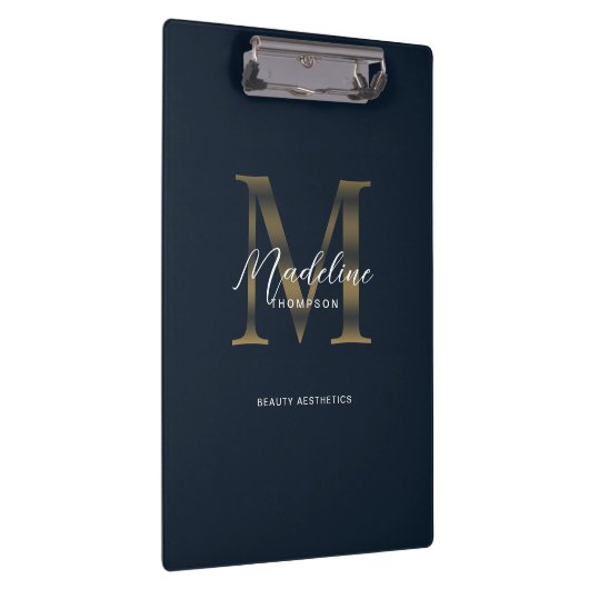 Chic Script Metallic Navy Blue Gold Monogram Klembord (Rechts)